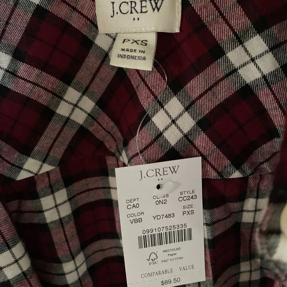 Ladies' PXS - Petite X-Small J.Crew Cranberry Plaid Longsleeve Button Down Shirt - Picture 2 of 3
